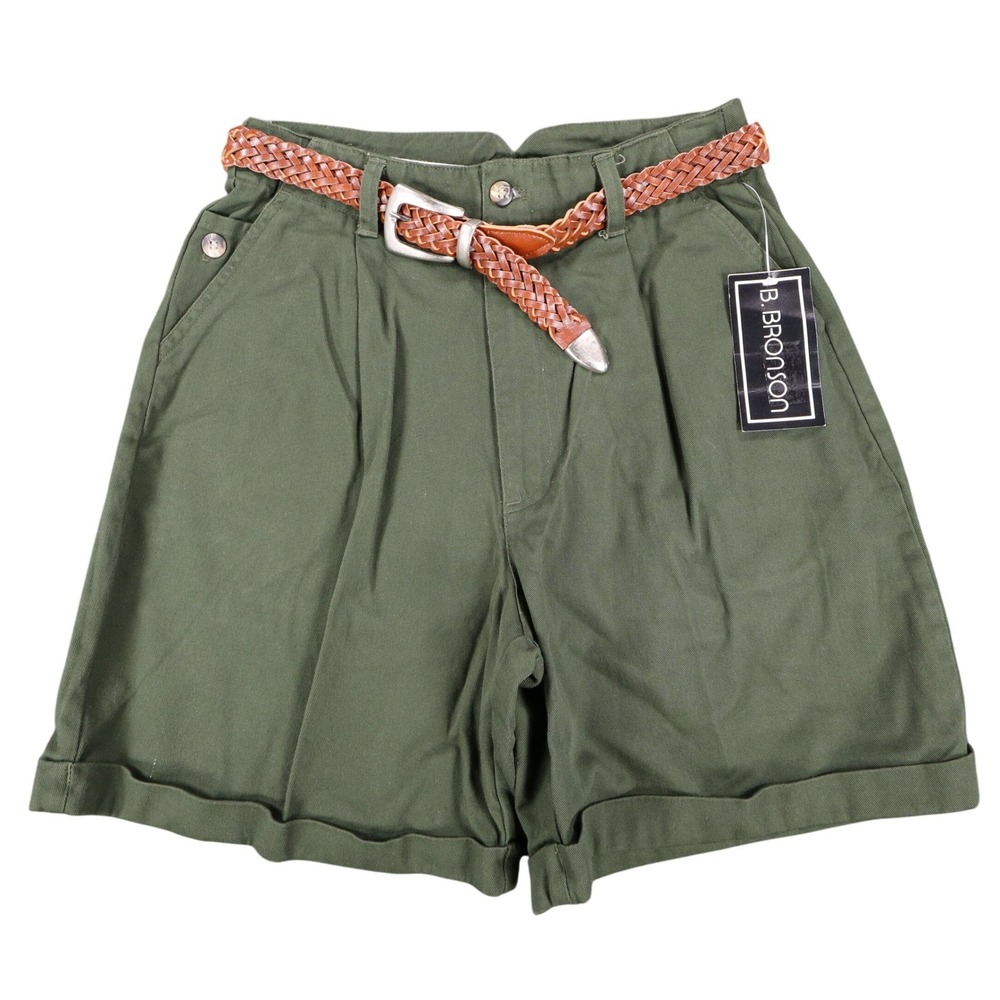 B. Bronson Pleated Shorts Womens 9/10 Vintage 90s Olive Green Cotton With Belt
